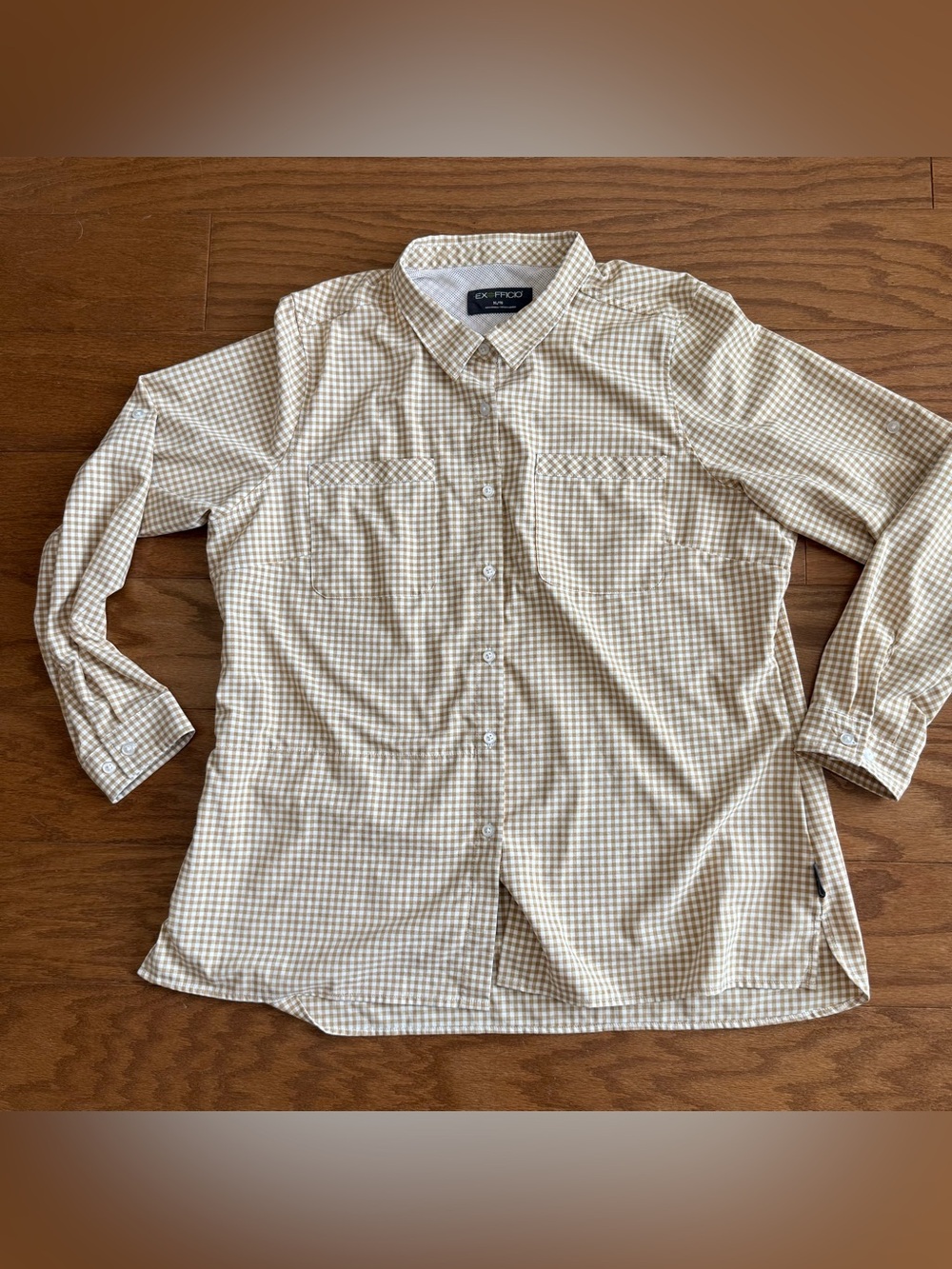ExOfficio Women's Long Sleeve Tan Checked Shirt Size XL Fishing Hiking Vented